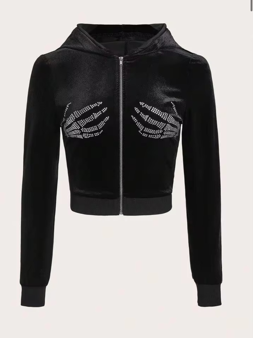 Rhinestone Skeleton Hand Graphic Zip Up Hooded Velvet Jacket